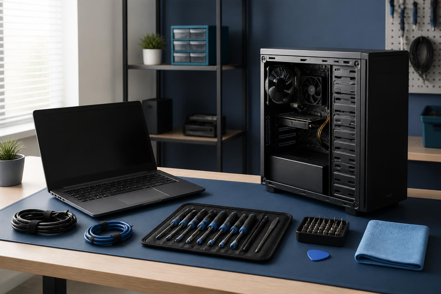 A tidy computer repair workbench with a laptop, an open desktop tower, cables and a precision screwdriver set